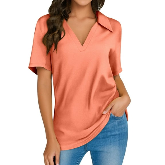 Womens Short Sleeve Polo Shirts V Neck Collared Business Dressy Casual Tops 2025 Summer Trendy Relaxed Fit Workout Blouses