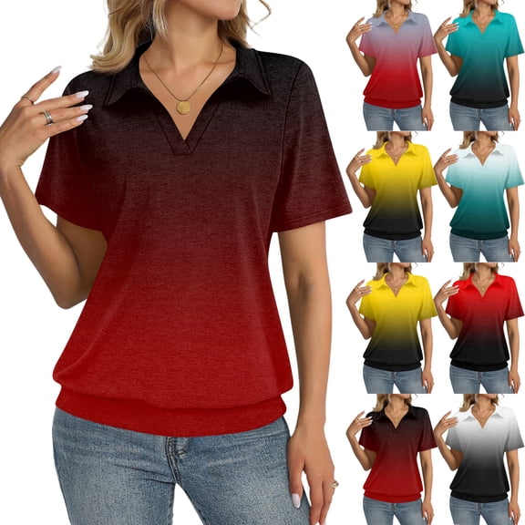 Womens Short Sleeve Polo Shirts V Neck Gradient Color Business Dressy Casual Tops Summer Collared Trendy Tees Red L