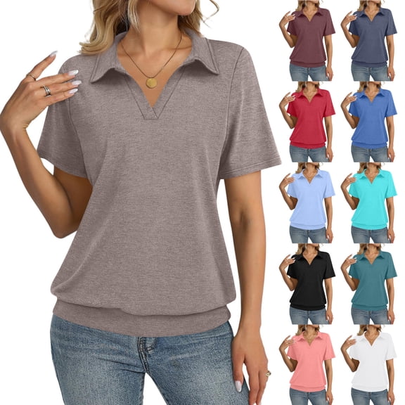 Womens Short Sleeve Polo Shirts V Neck Solid Color Business Dressy Casual Tops Summer Collared Trendy Tees Dark Blue L