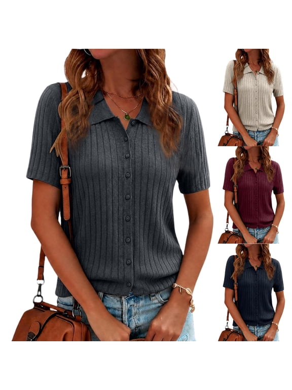 Womens Short Sleeve Polo Sweater Lightweight Knit Button Front Ribbed V Neck Slim Fit Casual Top Summer Collared Shirt Dressy Workwear Blouse