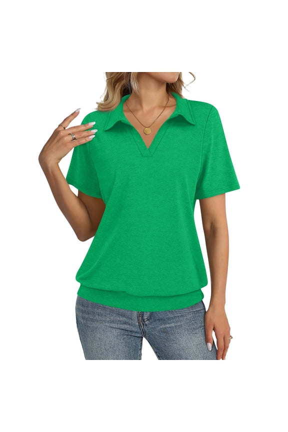 Womens Short Sleeve Polo T Shirts V Neck Summer Casual Basic Tee Tops Green 3XL