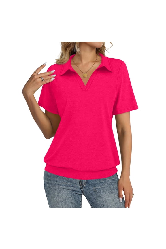 Womens Short Sleeve Polo T Shirts V Neck Summer Casual Basic Tee Tops Hot Pink S