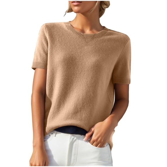 Womens Short Sleeve Pullover, Fall Sweaters for Women Casual Vintage Loose Fit Solid Color Knitted Crewneck Sweatshirts S-2XL