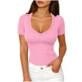 thumbnail image 1 of Womens Short Sleeve Ribbed Knit Tshirt Deep V Neck Shirts Summer Casual Slim Fit Basic Tee Tops, 1 of 6