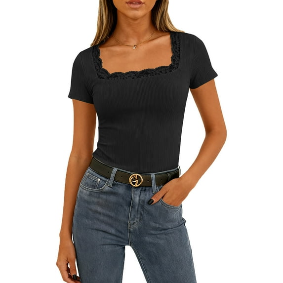 Womens Short Sleeve Ribbed Tops Square Neck Lace Trim Fitted Tight Shirts Casual Basic Tee Spring Clothes 2026 Trendy Black XL