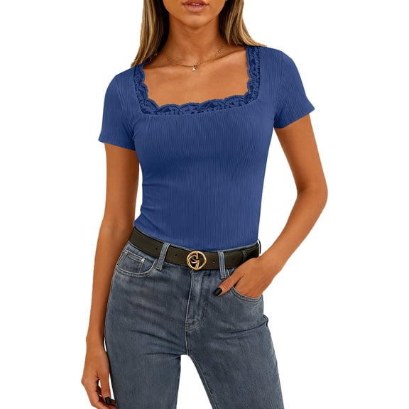 Womens Short Sleeve Ribbed Tops Square Neck Lace Trim Fitted Tight Shirts Casual Basic Tee Spring Clothes 2026 Trendy Blue 2XL