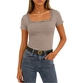 thumbnail image 1 of Womens Short Sleeve Ribbed Tops Square Neck Lace Trim Fitted Tight Shirts Casual Basic Tee Spring Clothes 2026 Trendy Champagne 2XL, 1 of 5