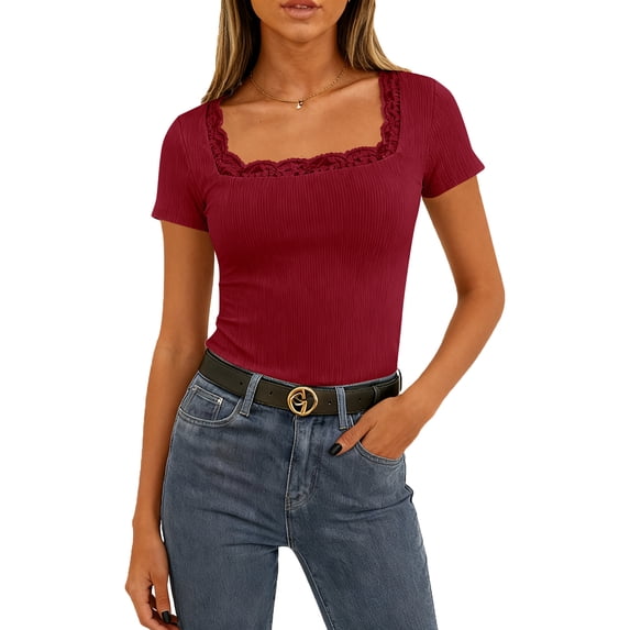 Womens Short Sleeve Ribbed Tops Square Neck Lace Trim Fitted Tight Shirts Casual Basic Tee Spring Clothes 2026 Trendy Red XL