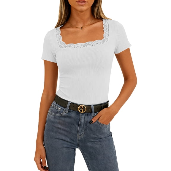 Womens Short Sleeve Ribbed Tops Square Neck Lace Trim Fitted Tight Shirts Casual Basic Tee Spring Clothes 2026 Trendy White S