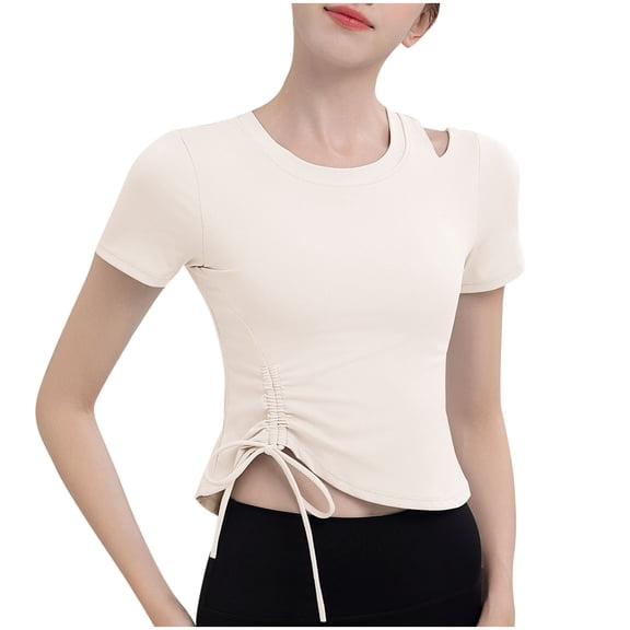 Womens Short Sleeve Round-neck T-shirts Ruched Side Drawstring Shirt Slim Fitted Solid Color Cut-Out Tops