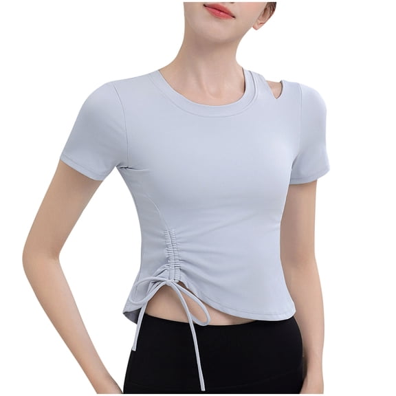 Womens Short Sleeve Round-neck T-shirts Ruched Side Drawstring Shirt Slim Fitted Solid Color Cut-Out Tops