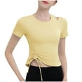 thumbnail image 1 of Womens Short Sleeve Round-neck T-shirts Ruched Side Drawstring Shirt Slim Fitted Solid Color Cut-Out Tops, 1 of 2