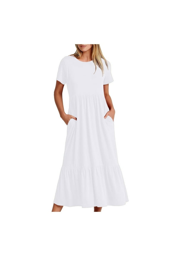 Womens Short Sleeve Ruffle Hem Long Dress with Pockets Casual Summer Lounge Crew Neck Flowy Tiered Maxi Dress (Medium, White)