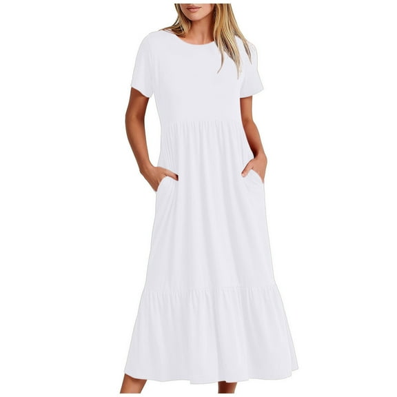Womens Short Sleeve Ruffle Hem Long Dress with Pockets Casual Summer Lounge Crew Neck Flowy Tiered Maxi Dress (Small, White)