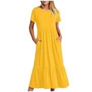 NEBZCIV Womens Short Sleeve Ruffle Hem Long Dress with Pockets Casual Summer Lounge Crew Neck Flowy Tiered Maxi Dress (X-Large, Yellow)