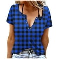 thumbnail image 1 of Womens Short Sleeve Shirt Plaid Print Button Round-Neck T-Shirt Blouses Blue, 1 of 5