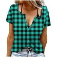 thumbnail image 1 of Womens Short Sleeve Shirt Plaid Print Button Round-Neck T-Shirt Blouses Green, 1 of 5