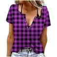 thumbnail image 1 of Womens Short Sleeve Shirt Plaid Print Button Round-Neck T-Shirt Blouses Purple, 1 of 5