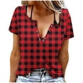 thumbnail image 1 of Womens Short Sleeve Shirt Plaid Print Button Round-Neck T-Shirt Blouses Red, 1 of 5
