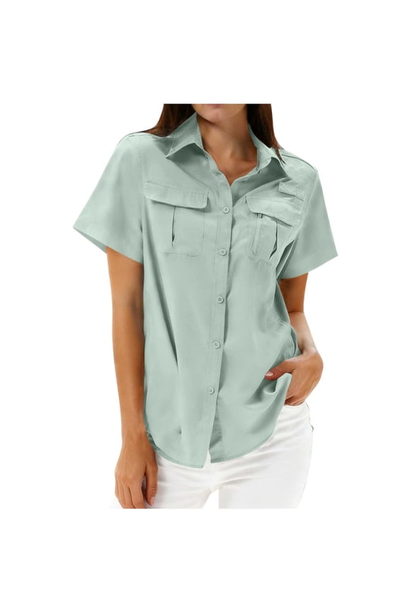 Womens Short Sleeve Shirt Sun Protection Fishing Hiking Button Up Blouse with Zip Pockets Quick Dry Travel Tops (XL, Green)