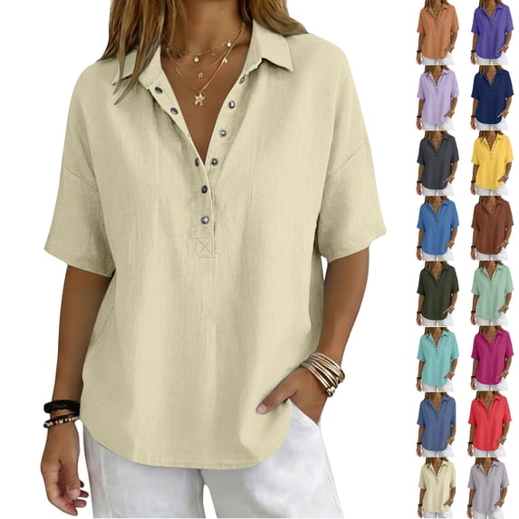 Womens Short Sleeve Shirts Breasted Lapel Blouse Solid Casual Neck Tee Shirt Top Summer Tops 3XL