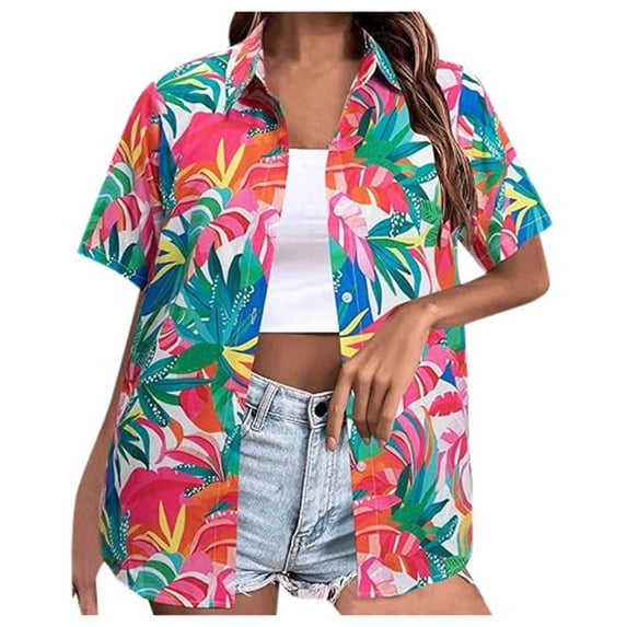 Womens Short Sleeve Shirts Collared Hawaiian Graphic Print Fashion Blouses Work Business Button Down Tops