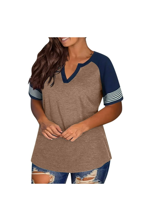 Womens Short Sleeve Shirts Color Block Casual V Neck Tops Tshirt Plus Size Basic Tees Summer Tops Blouses