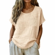 Womens Short Sleeve Shirts Cotton Linen Basic Tunics, Summer Casual Oversized Loose Fit Round Neck Flowy Tops with Pocket High Low Curved Hem Trendy Clothes 2026