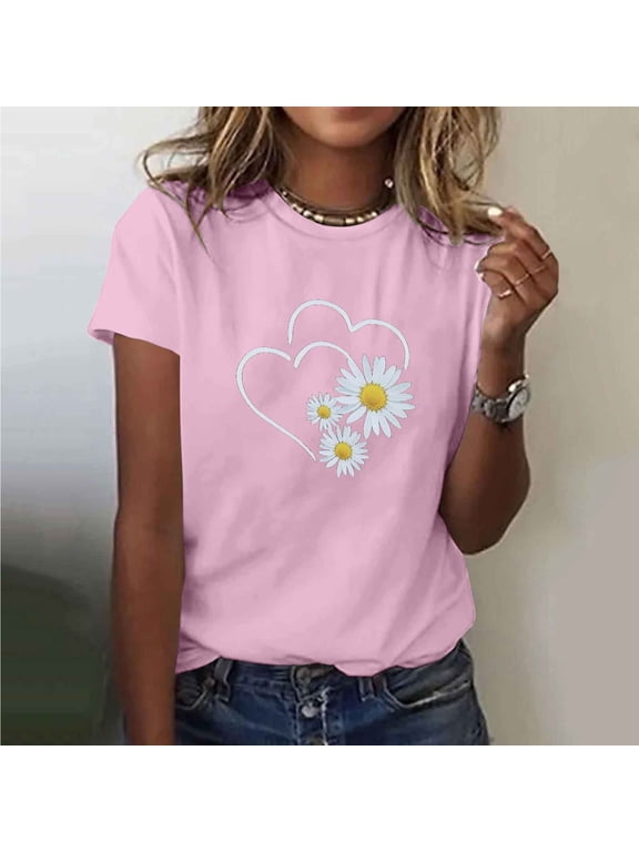 Womens Short Sleeve Shirts Cotton Womens Tops Dressy Casual Printed Tshirts for Women Plus Size Tops for Women 3/4 Sleeve Get it Fast