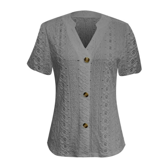 Womens Short Sleeve Shirts, Eyelet Tops for Women Summer Dressy Casual Loose Fit Vintage Solid Color V Neck Button Down Blouses