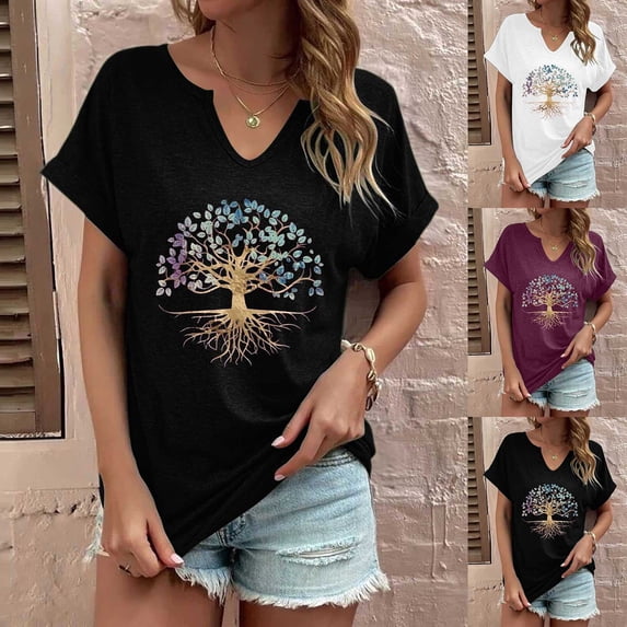 Womens Short Sleeve Shirts Fashion Print Top Loose V Neck T Shirt Casual Basic Tee S