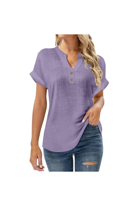 Womens Short Sleeve Shirts Henley Neck Blouses Cotton Linen Tees Shirts Solid Basic T-Shirt 2026 Casual Spring Fashion Clothes Basic Tee Blouse