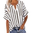 thumbnail image 1 of Womens Short Sleeve Shirts Linen Lightweight Striped V Neck Tops Loose Casual Summer Blouses with Pocket (2XL, Coffee), 1 of 7