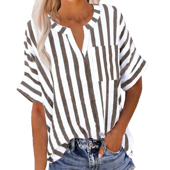 Womens Short Sleeve Shirts Linen Lightweight Striped V Neck Tops Loose Casual Summer Blouses with Pocket (2XL, Coffee)