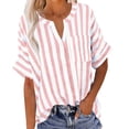 thumbnail image 1 of Womens Short Sleeve Shirts Linen Lightweight Striped V Neck Tops Loose Casual Summer Blouses with Pocket (S, Pink), 1 of 7