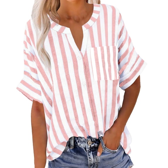Womens Short Sleeve Shirts Linen Lightweight Striped V Neck Tops Loose Casual Summer Blouses with Pocket (S, Pink)