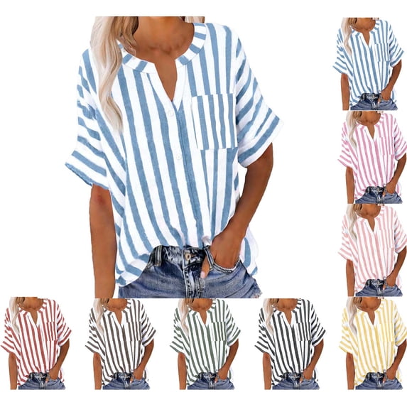 Womens Short Sleeve Shirts Linen Lightweight Striped V Neck Tops Loose Casual Summer Blouses with Pocket (XL, Sky Blue)