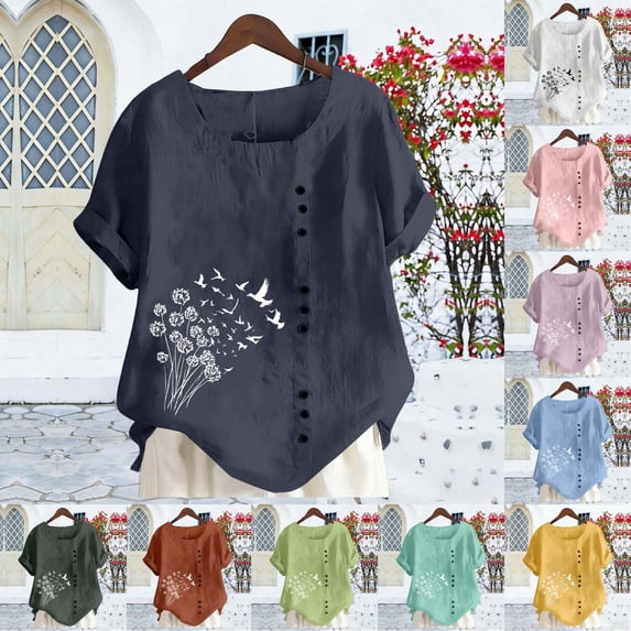 Women's 2026 Summer Shirts Casual Linen Blend Shirt Relaxed Fit Round Neck Top Soft Tunic Blouse Casual Tee Tops
