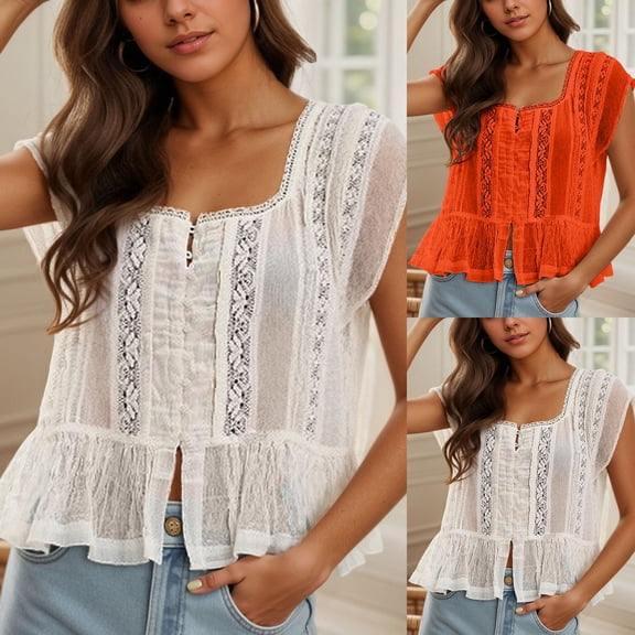 Womens Short Sleeve Shirts Oversized Ruffle Bow Tie Peplum Tops Boho Sheer Flowy Blouse Lace Eyelet Frilly Top Shirt Fashion Clothes