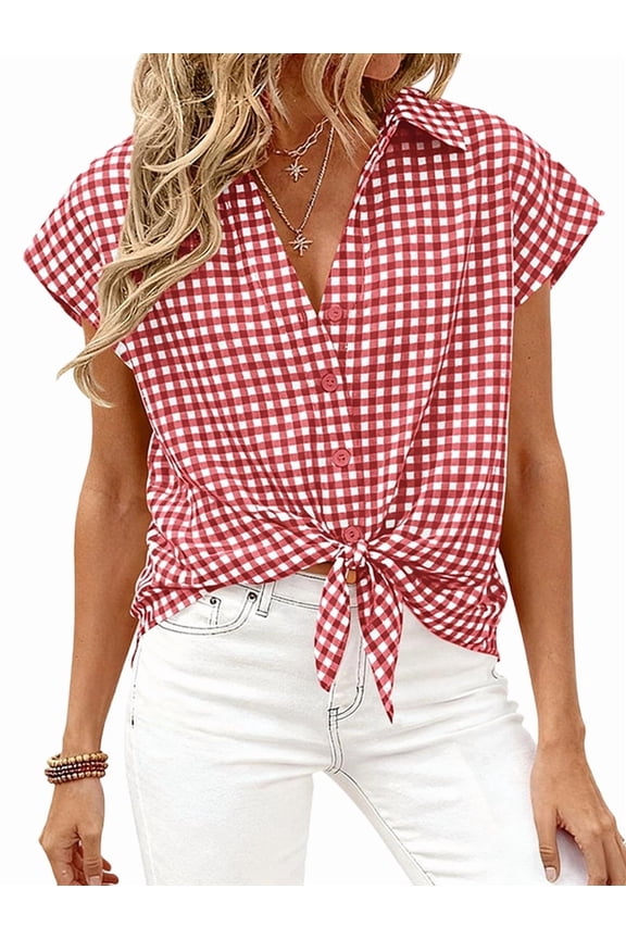 Womens Short Sleeve Shirts Plaid Button Down Blouse Casual Summer Business Gingham Work Tops Red L