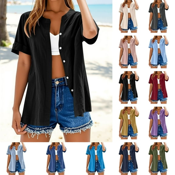 Womens Short Sleeve Shirts Plus Size, Xunlbb Women's Casual Breasted Cardigan Shirt Short Sleeved(Black,S)