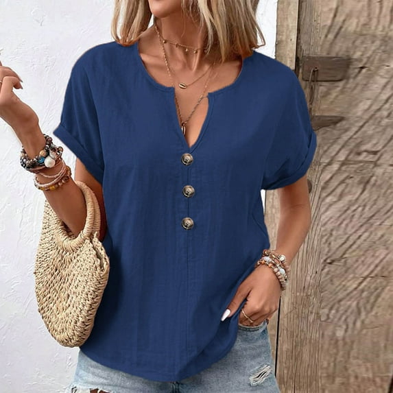 Womens Short Sleeve Shirts Plus Size, Xunlbb Women's Casual Oversize Solid V-Neck Cotton And Linen Hooded Short Sleeve Blouse T-shirt(Blue,XXXL)