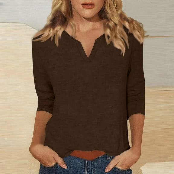 Womens Short Sleeve Shirts Plus Size, Xunlbb Women's Solid Color 3/4 Sleeve Overlapping V-Neck Pullover Casual Fashion Tops(Coffee,S)