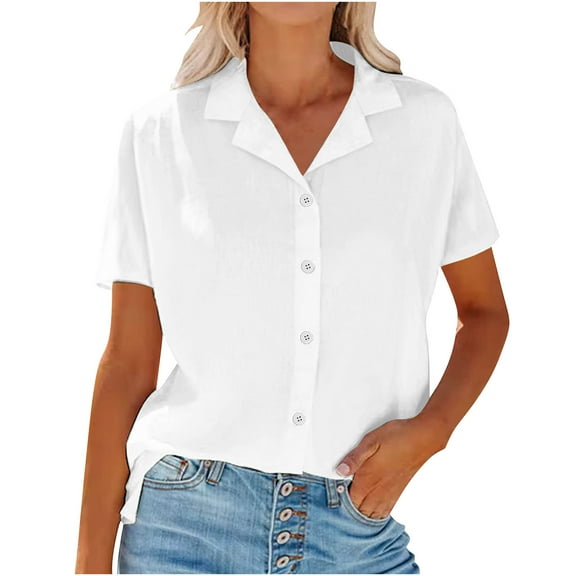 Womens Short Sleeve Shirts Spring Summer Tops V Neck Collared Button Down Ladies Shirt Tops Trendy 2025