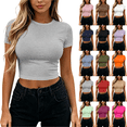 thumbnail image 1 of Womens Short Sleeve Shirts Summer Casual Crew Neck Trendy Y2k Stretchy Basic Tees Going Out Crop Tops,Sizes S-XL, 1 of 7