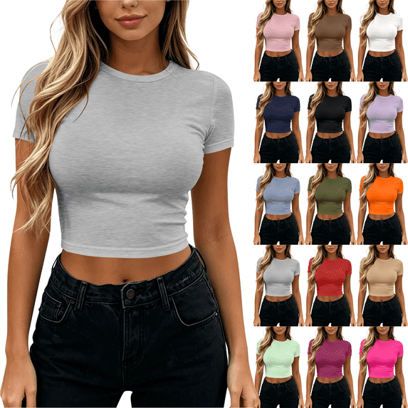 Womens Short Sleeve Shirts Summer Casual Crew Neck Trendy Y2k Stretchy Basic Tees Going Out Crop Tops,Sizes S-XL