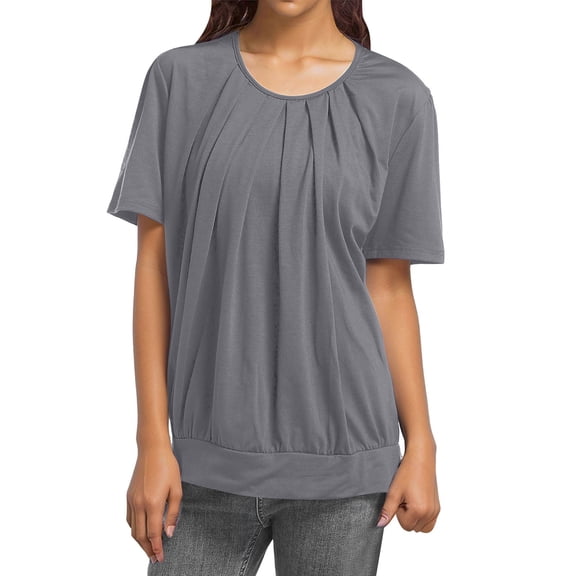 Womens Short Sleeve Shirts Summer Trendy Pleated Front Crew Neck Tees Dressy Casual Fashion Blouses Outfits 2025