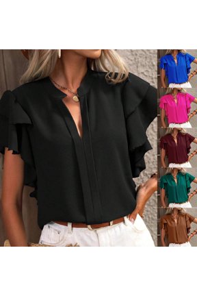 Womens Short Sleeve Shirts Summer V Neck Casual Double Layer Ruffle Sleeve Solid Color Top Basic Tees S