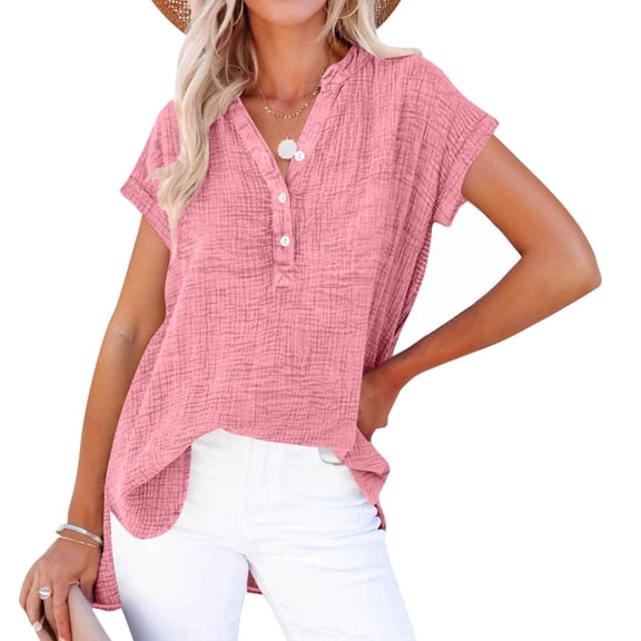 Womens Short Sleeve Shirts V Neck Button Down Side Split Blouse Casual Loose Fitness Work Office Summer Tops