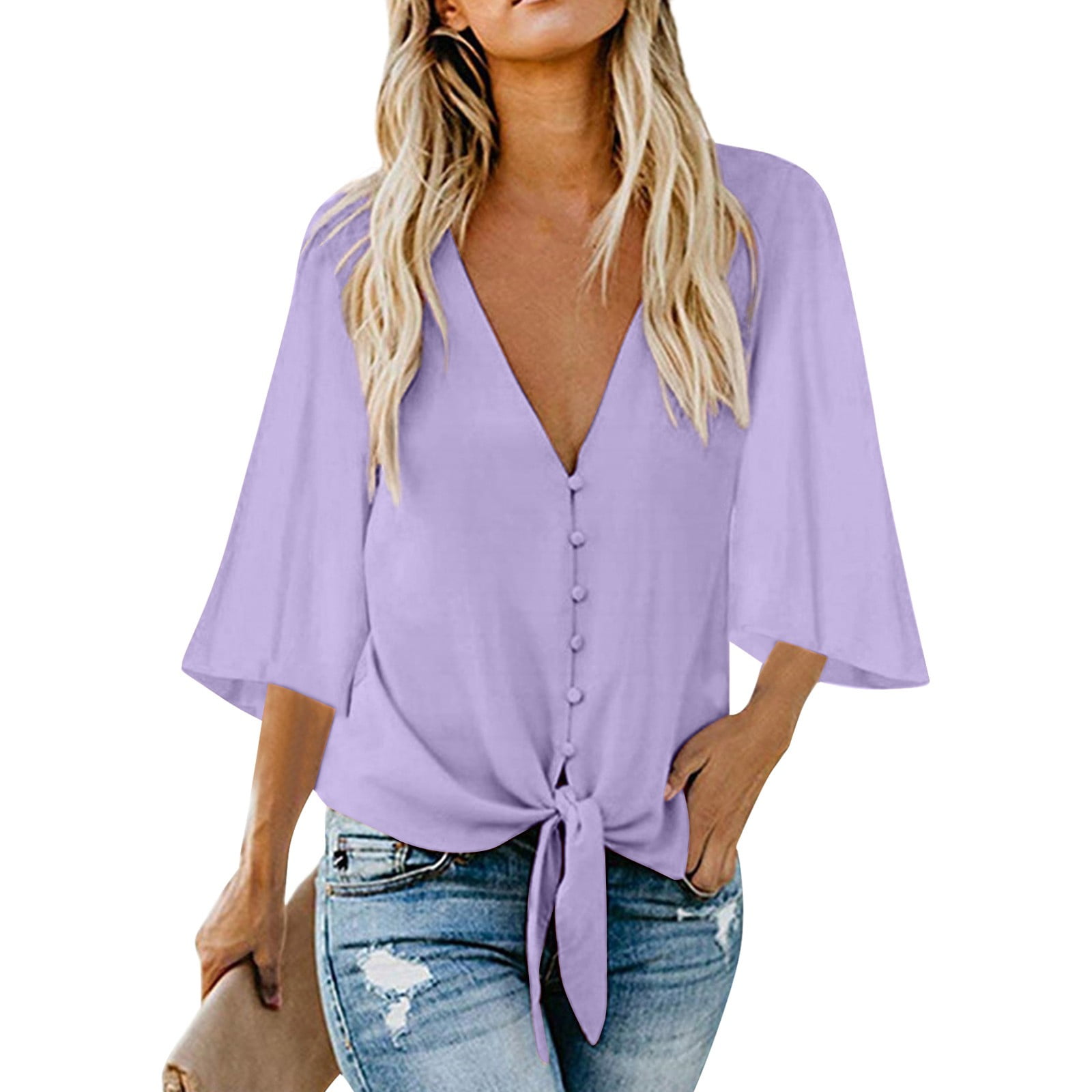 Womens Short Sleeve Shirts V Neck Collared Button Down Shirt Tops with